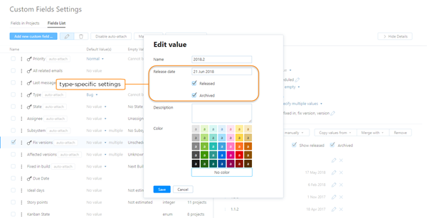 type-specific settings for field values