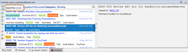 Youtrack issues tool window search