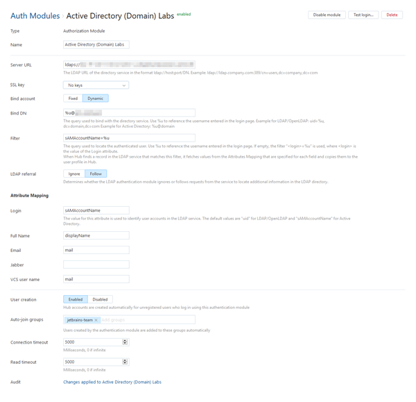 Active directory auth module settings