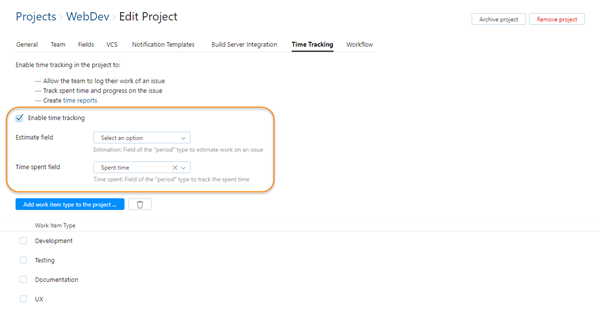 Agile time tracking project settings