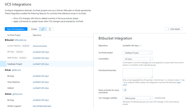 Bitbucket integration settings