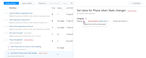 Detach workflow rule in project