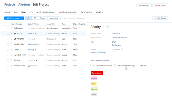 Edit set of values in project