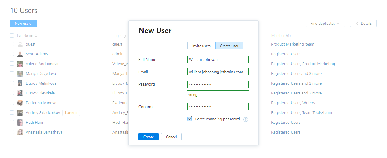 Create user. New user. Create user Page example. User created message. New user name