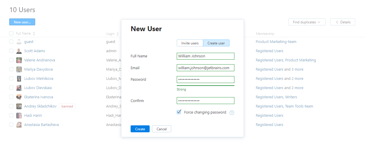 Find user names. Create user. New user.