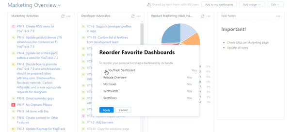 Reorder favorite dashboards dialog