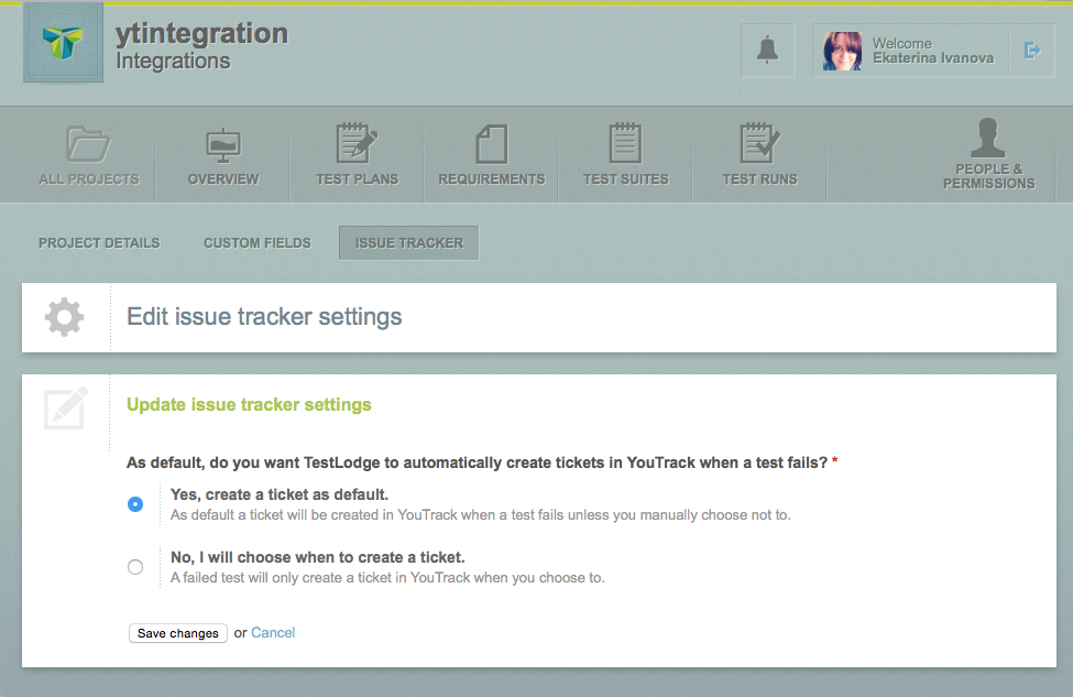 Testlodge edit project tracker settings