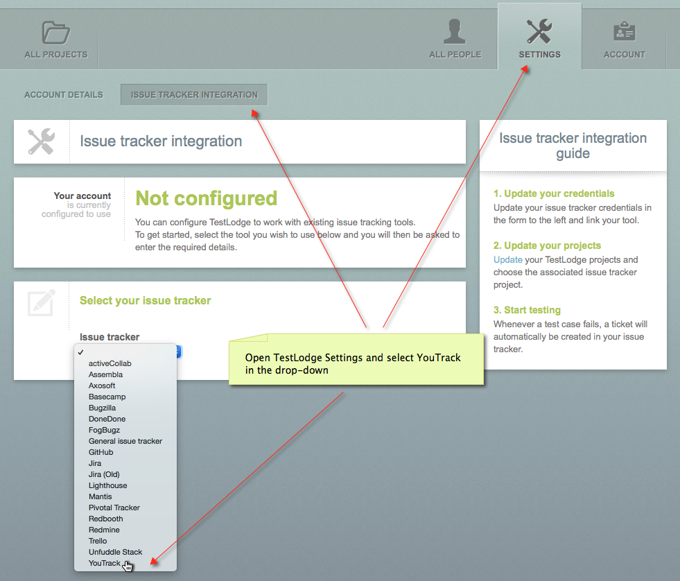 Testlodge select issue tracker drop down