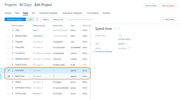 time tracking field settings