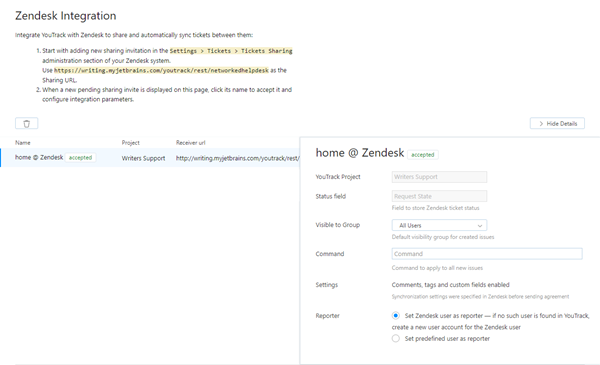 Zendesk integration settings