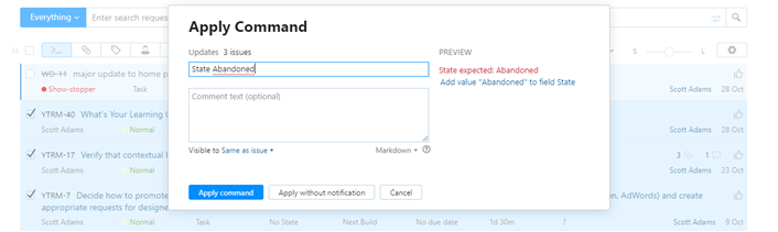 Adding a value to a custom field directly in the Apply Command dialog