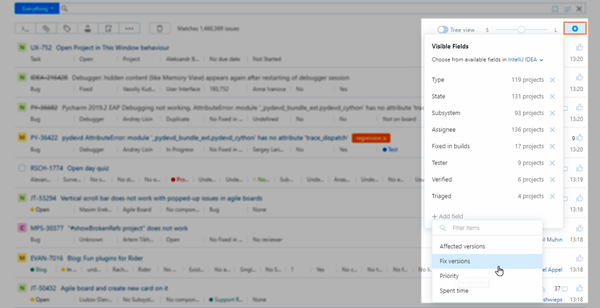 Options for adding and removing visible fields to the Issues list from the field visibility settings.