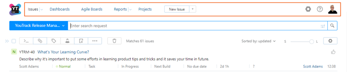 The main navigation in YouTrack.
