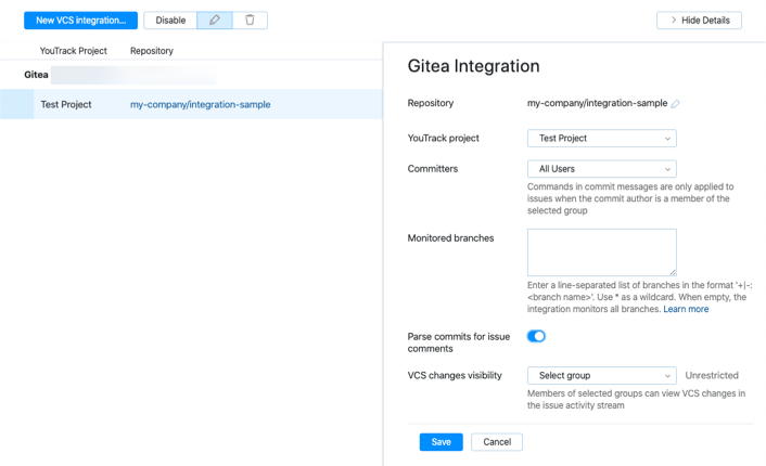 Gitea integration settings