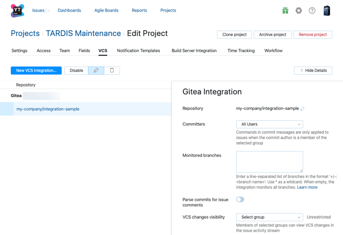 Gitea integration settings