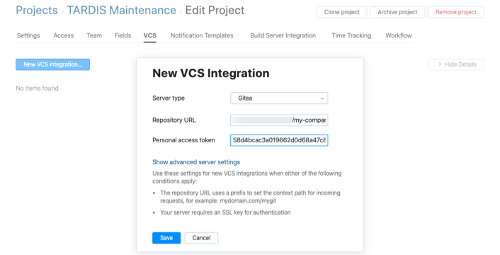 New Integration Dialog with filled in fields