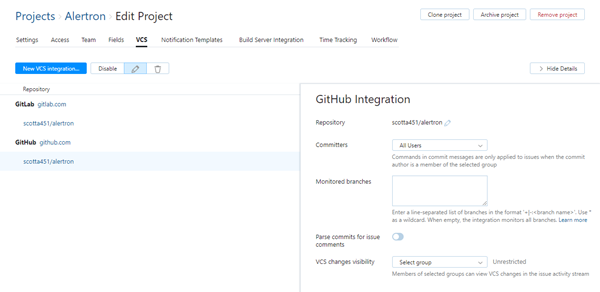 GitHub integration settings