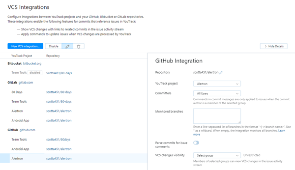 GitHub integration settings