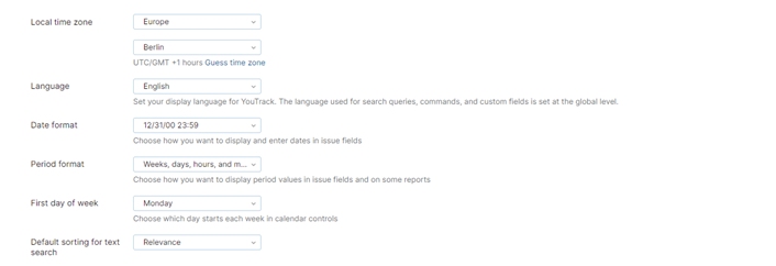 YouTrack general profile settings