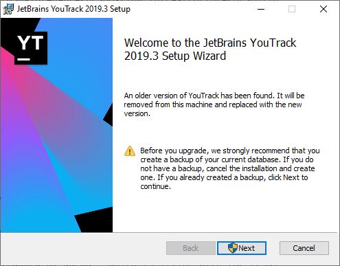 Youtrack setup wizard upgrade.