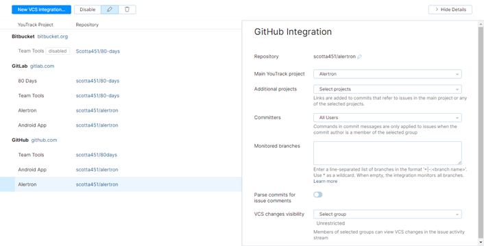 GitHub integration settings