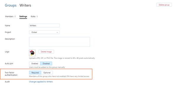 setting to require two-factor authentication for group members