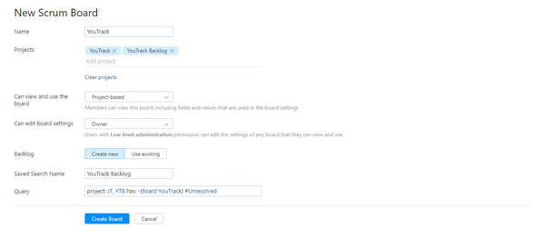 Scrum new board settings