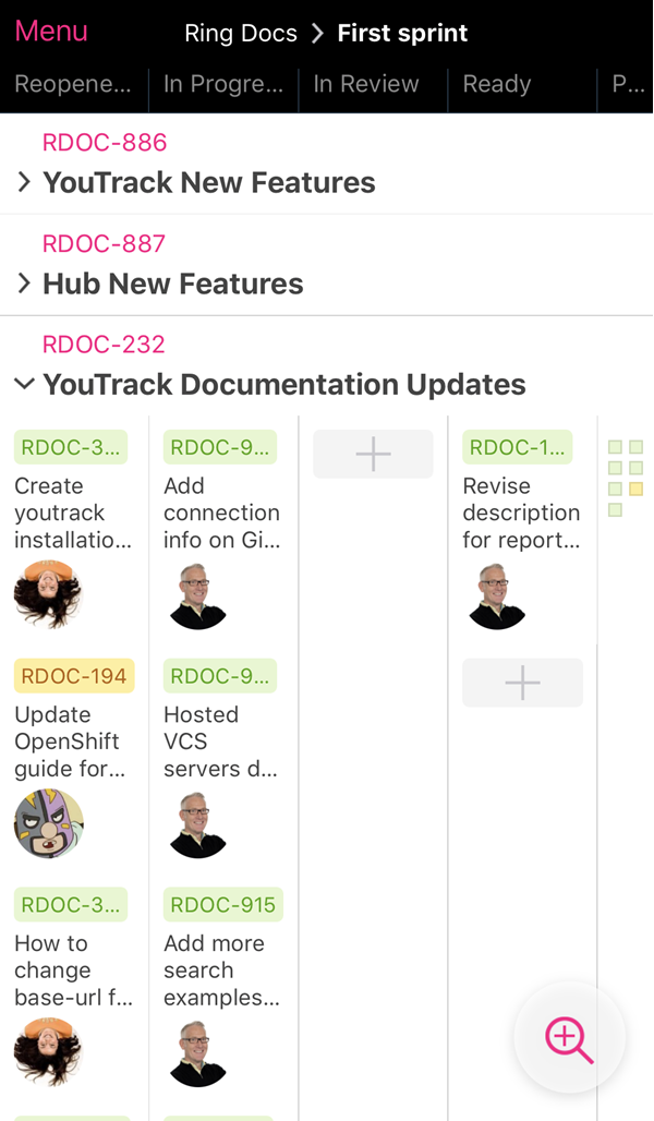 YouTrack mobile agile boards view