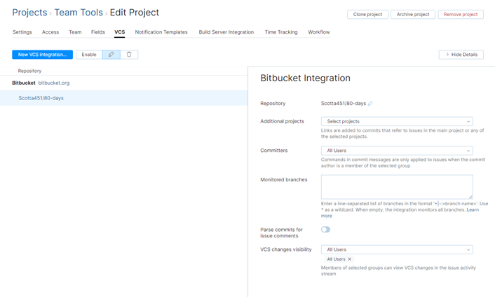 Bitbucket integration settings