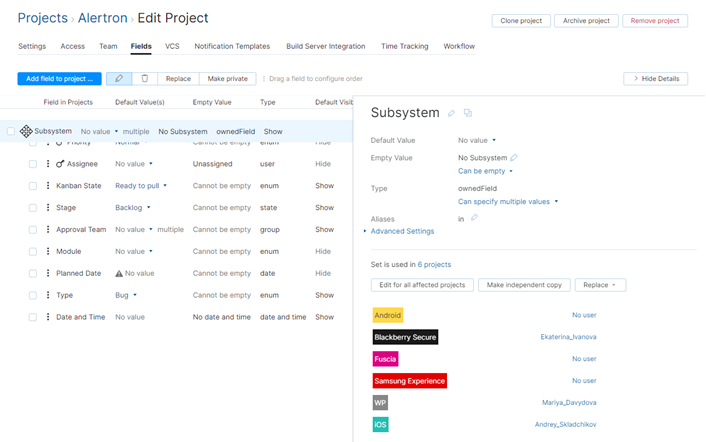 Change field order in project Change field order in project