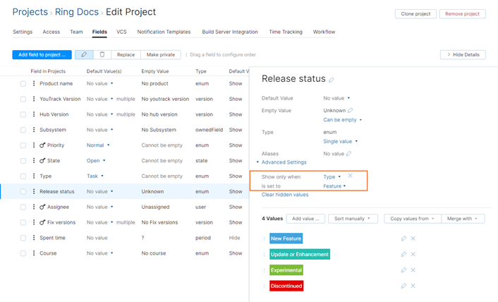 Conditional custom field in project Conditional custom field in project