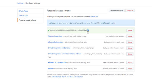 copy token in GitHub