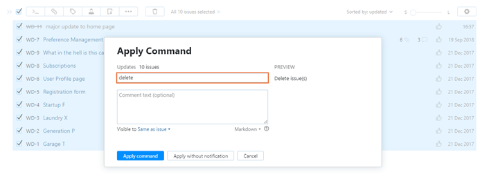 Command to delete multiple issues.