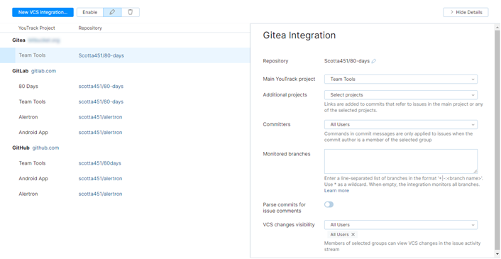 Gitea integration settings