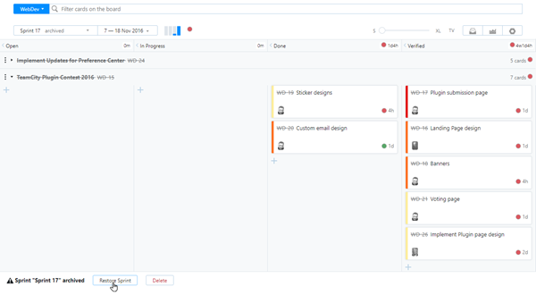 Restore option in agile board footer