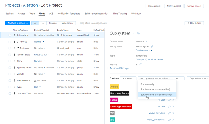 Sort values by name in project Sort values by name in project