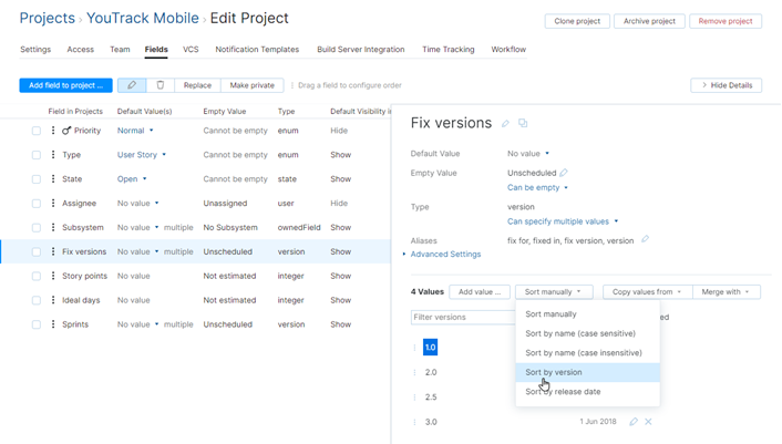 Sort values by version in project Sort values by version in project