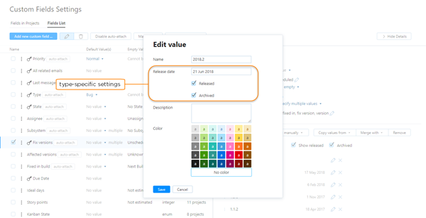 type-specific settings for field values type-specific settings for field values