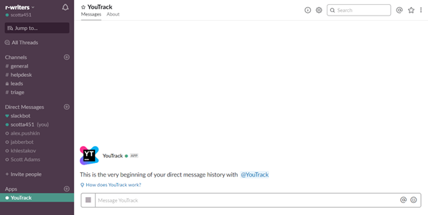 YouTrack app in Slack workspace