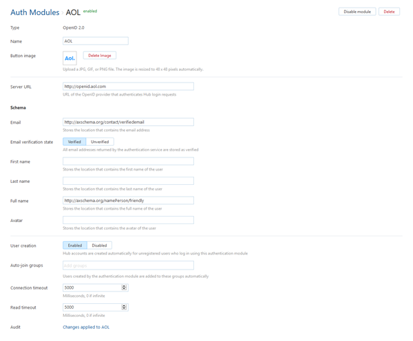 AOL auth module settings