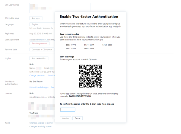 Enable two factor authentication dialog