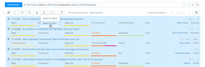 export options in the new Issues list