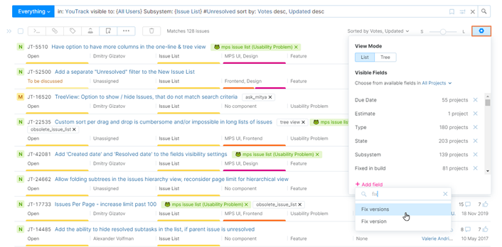 Options for adding and removing visible fields to the Issues list from the field visibility settings.