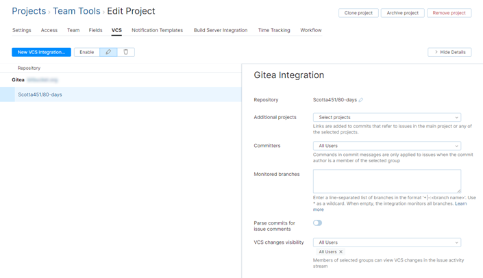 Gitea integration settings