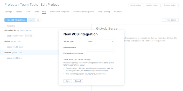 New Integration Dialog for Gitea