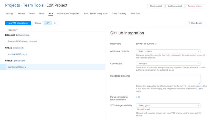 GitHub integration settings