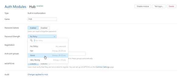 Hub auth module password strength setting