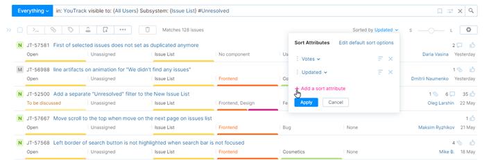 Options for sorting issues in the Issues list