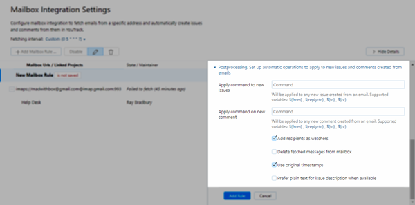 mailbox rule postprocessing options