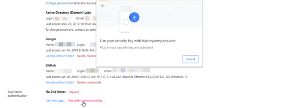 Chrome dialog for pairing with a hardware device, no fingerprint sensor.